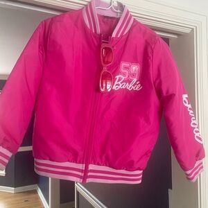 Barbie Bright Pink Bomber Jacket with Logo Trim with sunglasses! Size 7/8